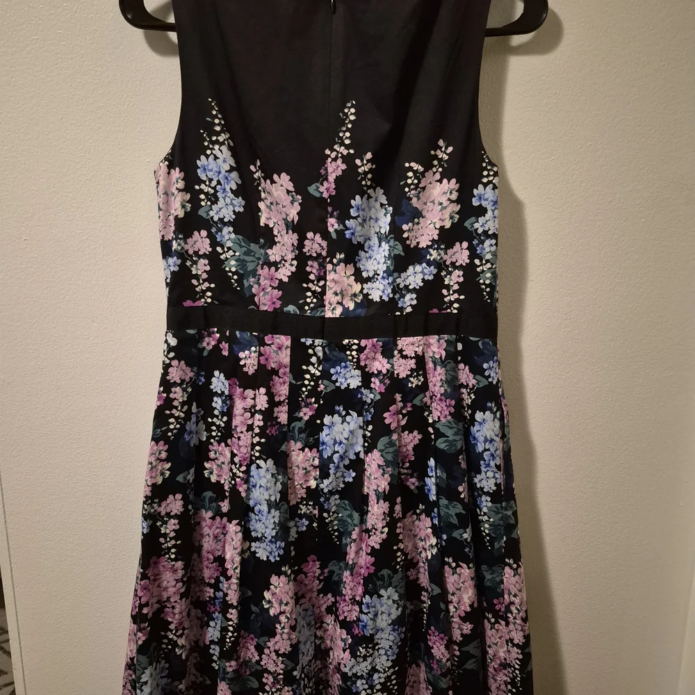 Talbots Black Floral Sateen Fit And Flare Midi Dress with Pink and Blue Blooms - Picture 4 of 9